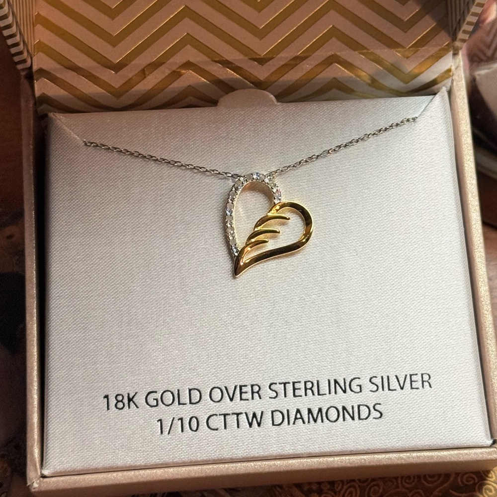 New 18K Gold Over Sterling Silver Diamond Heart Necklace